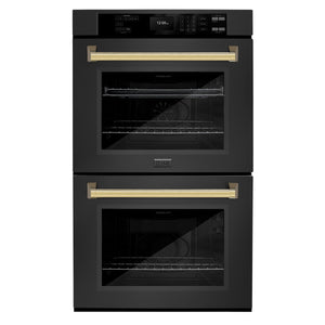 ZLINE Autograph Edition 30 in. Professional True Convection Double Wall Oven with Air Fry and Self Clean in Black Stainless Steel with Polished Gold Handles (WADBZ-30-G)