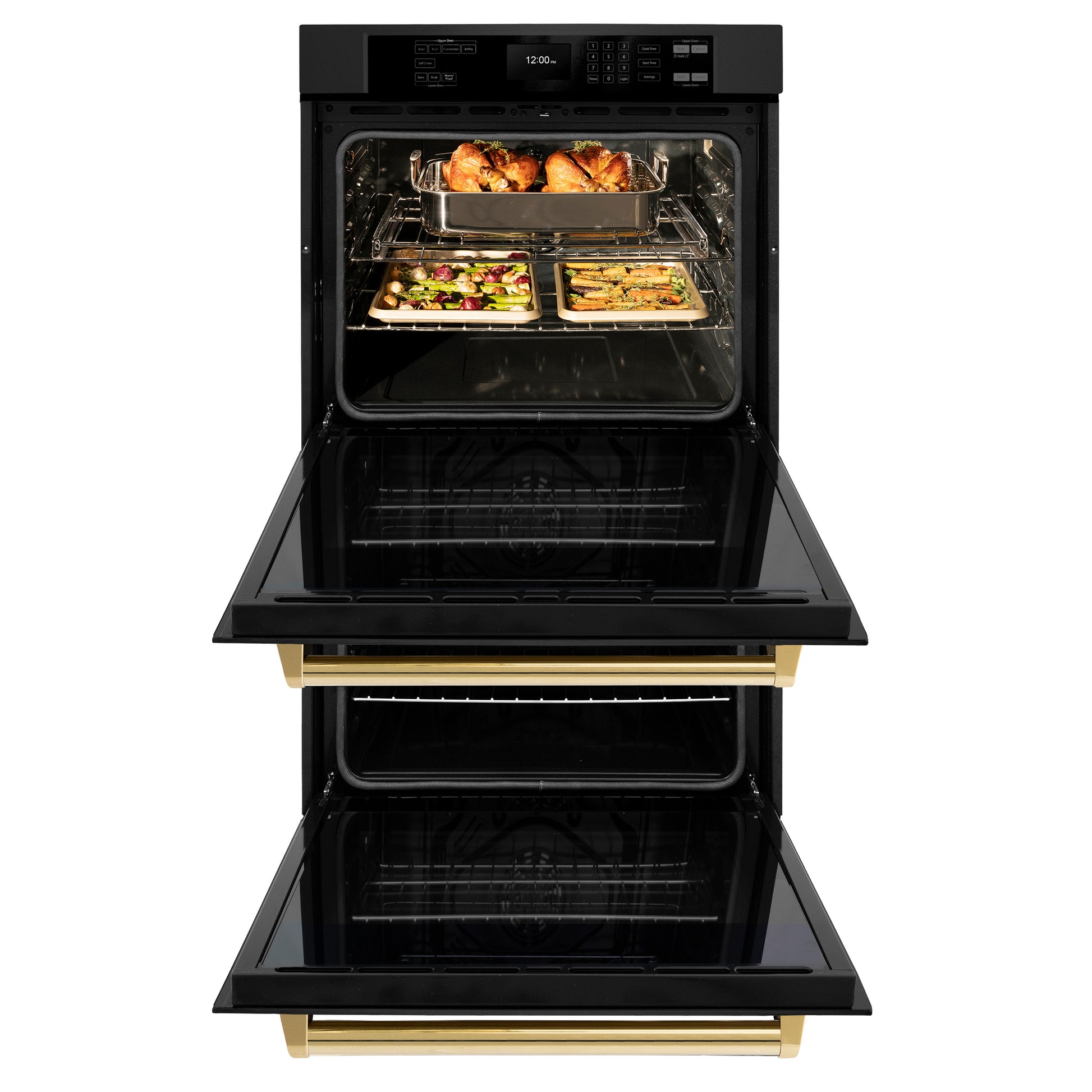 ZLINE Autograph Edition 30 in. Professional True Convection Double Wall Oven with Air Fry and Self Clean in Black Stainless Steel with Polished Gold Handles (WADBZ-30-G) front, open.