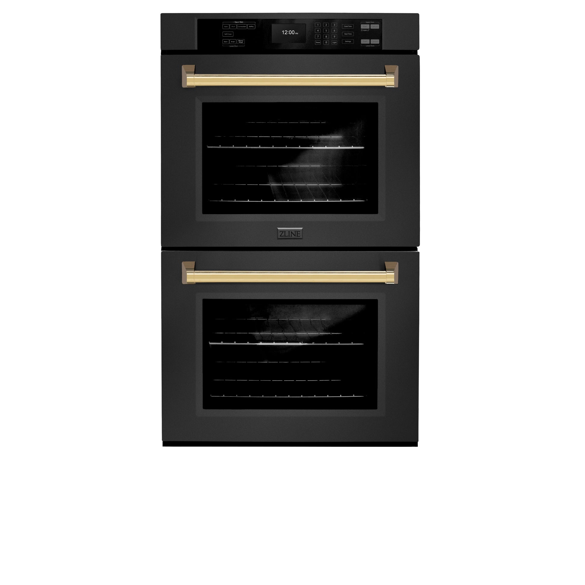 ZLINE Autograph Edition 30 in. Professional True Convection Double Wall Oven with Air Fry and Self Clean in Black Stainless Steel with Polished Gold Handles (WADBZ-30-G) front, closed.