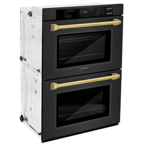 ZLINE Autograph Edition 30 in. Professional True Convection Double Wall Oven with Air Fry and Self Clean in Black Stainless Steel with Polished Gold Handles (WADBZ-30-G) side.