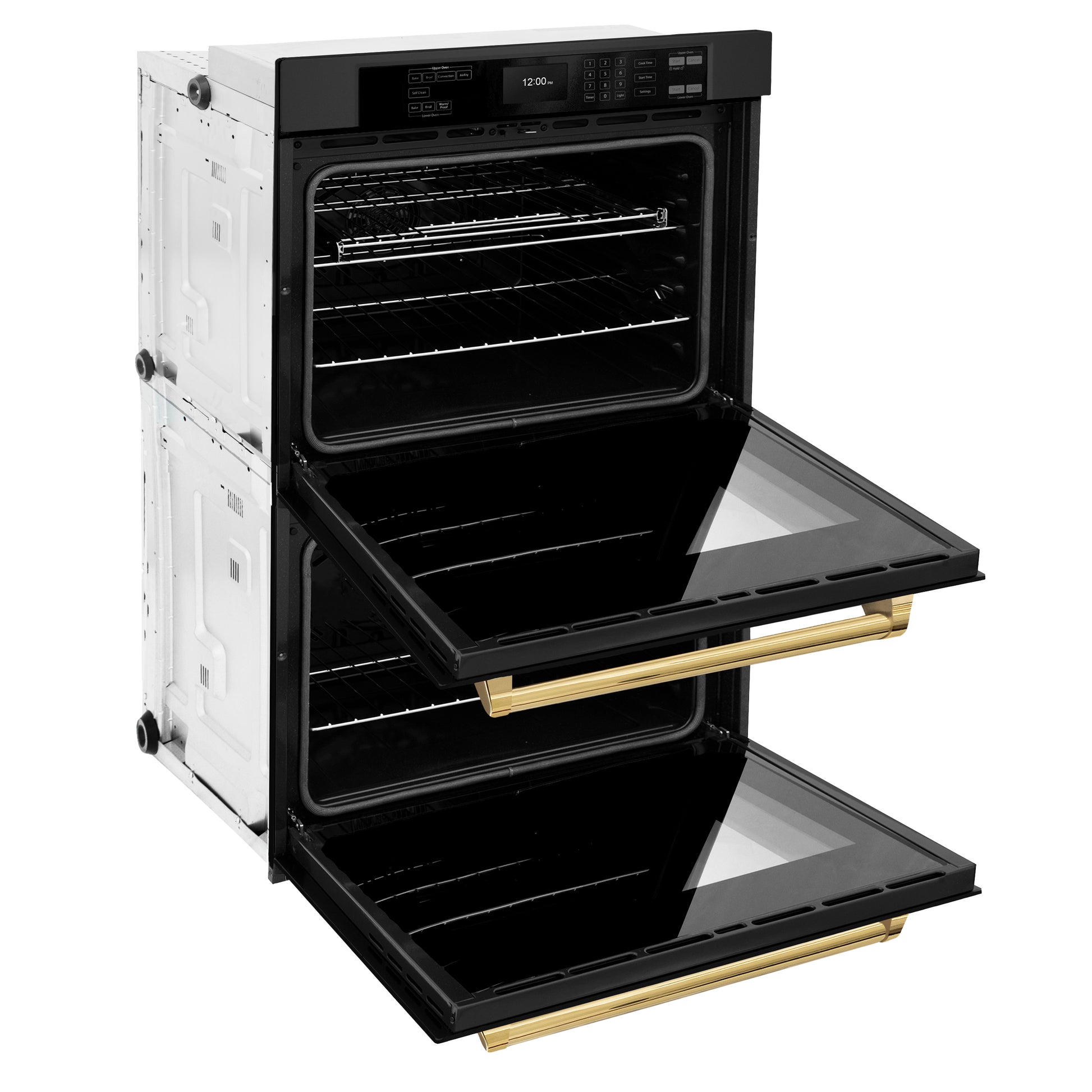 ZLINE Autograph Edition 30 in. Professional True Convection Double Wall Oven with Air Fry and Self Clean in Black Stainless Steel with Polished Gold Handles (WADBZ-30-G) side, open.