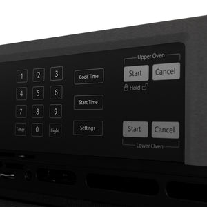 ZLINE Autograph Edition 30 in. Professional True Convection Double Wall Oven with Air Fry and Self Clean in Black Stainless Steel with Champagne Bronze Helix Handles (WADBZ-30-KCB) control panel with digital display and keypad.