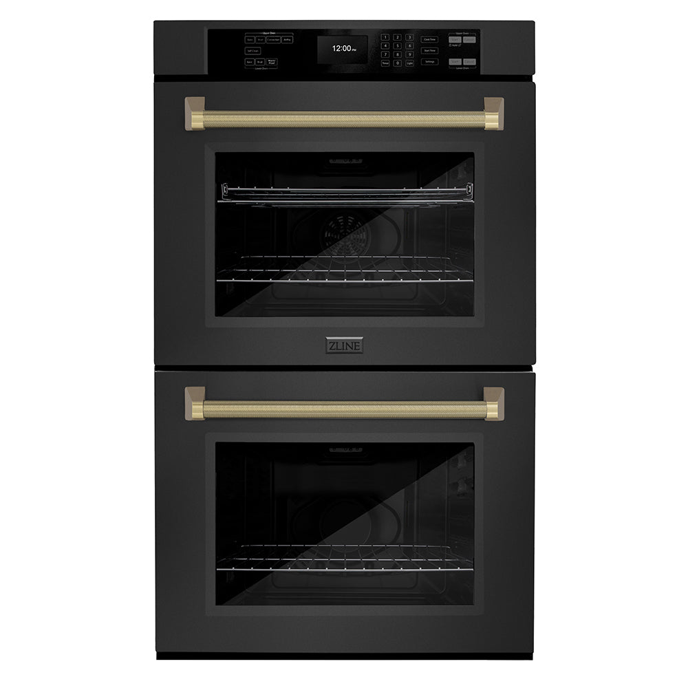 ZLINE Autograph Edition 30 in. Professional True Convection Double Wall Oven with Air Fry and Self Clean in Black Stainless Steel with Champagne Bronze Helix Handles (WADBZ-30-KCB)