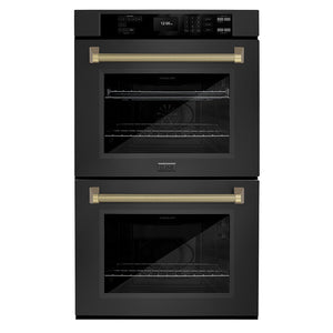 ZLINE Autograph Edition 30 in. Professional True Convection Double Wall Oven with Air Fry and Self Clean in Black Stainless Steel with Champagne Bronze Helix Handles (WADBZ-30-KCB)