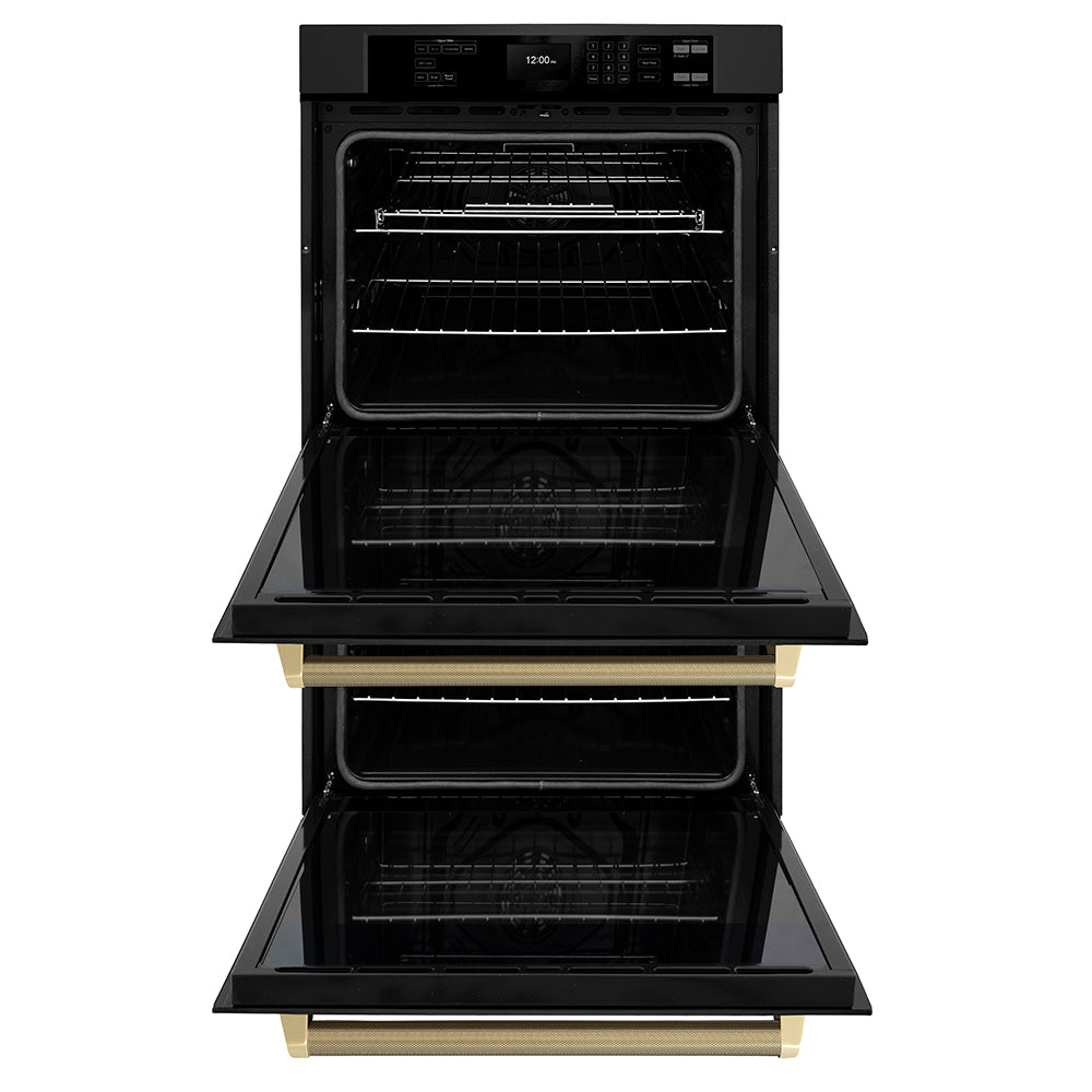 ZLINE Autograph Edition 30 in. Professional True Convection Double Wall Oven with Air Fry and Self Clean in Black Stainless Steel with Champagne Bronze Helix Handles (WADBZ-30-KCB) front, open.