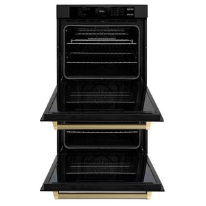 ZLINE Autograph Edition 30 in. Professional True Convection Double Wall Oven with Air Fry and Self Clean in Black Stainless Steel with Champagne Bronze Helix Handles (WADBZ-30-KCB) front, open.