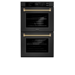 ZLINE Autograph Edition 30 in. Professional True Convection Double Wall Oven with Air Fry and Self Clean in Black Stainless Steel with Champagne Bronze Helix Handles (WADBZ-30-KCB) front.
