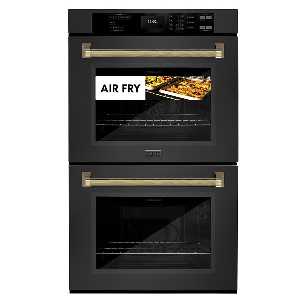 ZLINE Autograph Edition 30 in. Professional True Convection Double Wall Oven with Air Fry and Self Clean in Black Stainless Steel with Polished Gold Helix Handles (WADBZ-30-KG) showing air fry feature on a white background