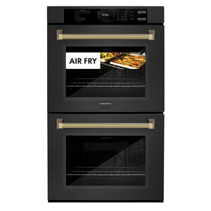 ZLINE Autograph Edition 30 in. Professional True Convection Double Wall Oven with Air Fry and Self Clean in Black Stainless Steel with Polished Gold Helix Handles (WADBZ-30-KG) showing air fry feature on a white background