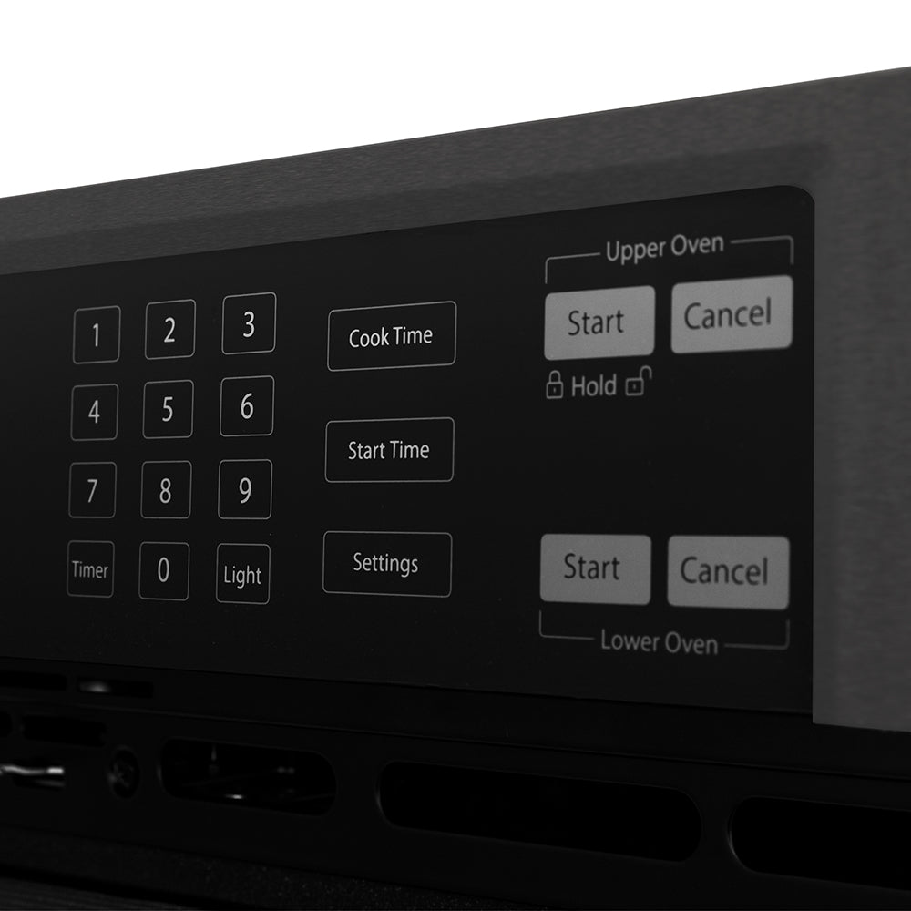 ZLINE Autograph Edition 30 in. Professional True Convection Double Wall Oven with Air Fry and Self Clean in Black Stainless Steel with Polished Gold Helix Handles (WADBZ-30-KG) control panel with digital display and keypad.