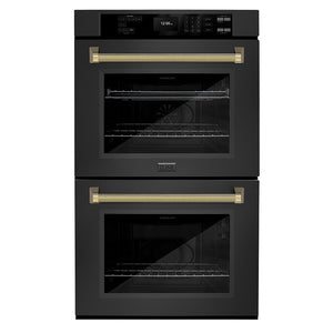 ZLINE Autograph Edition 30 in. Professional True Convection Double Wall Oven with Air Fry and Self Clean in Black Stainless Steel with Polished Gold Helix Handles (WADBZ-30-KG)