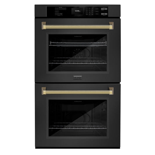 ZLINE Autograph Edition 30 in. Professional True Convection Double Wall Oven with Air Fry and Self Clean in Black Stainless Steel with Polished Gold Helix Handles (WADBZ-30-KG)