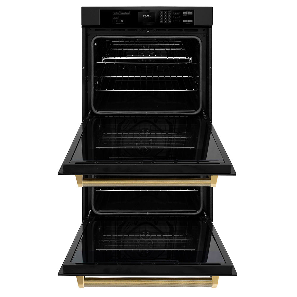 ZLINE Autograph Edition 30 in. Professional True Convection Double Wall Oven with Air Fry and Self Clean in Black Stainless Steel with Polished Gold Helix Handles (WADBZ-30-KG) front, open.