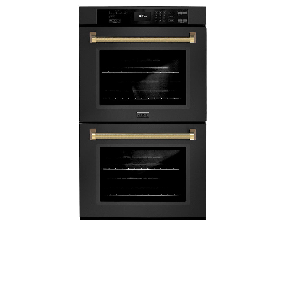 ZLINE Autograph Edition 30 in. Professional True Convection Double Wall Oven with Air Fry and Self Clean in Black Stainless Steel with Polished Gold Helix Handles (WADBZ-30-KG) front.