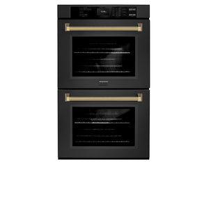 ZLINE Autograph Edition 30 in. Professional True Convection Double Wall Oven with Air Fry and Self Clean in Black Stainless Steel with Polished Gold Helix Handles (WADBZ-30-KG) front.