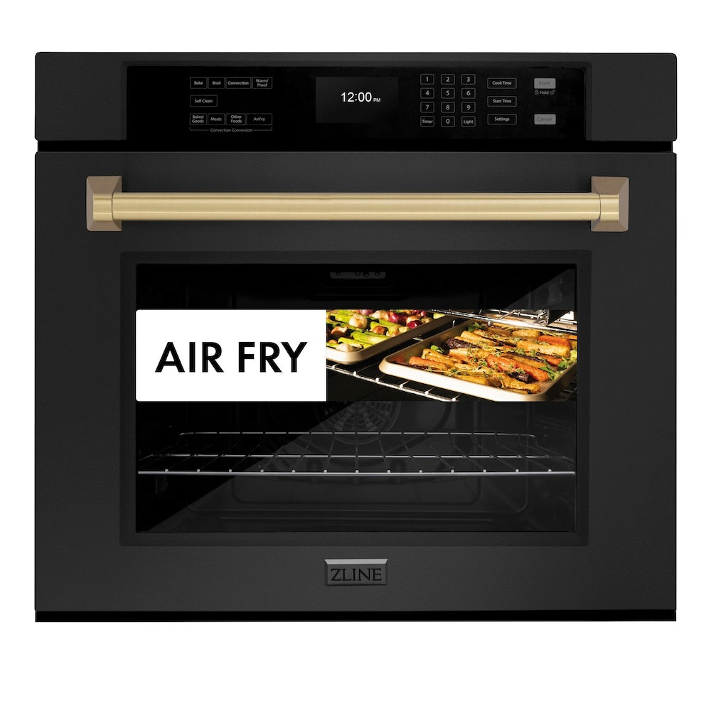 ZLINE Autograph Edition 30 in. Professional True Convection Single Wall Oven with Air Fry and Self Clean in Black Stainless Steel with Champagne Bronze Handle (WASBZ-30-CB) front, closed with food inside. Text: Air Fry