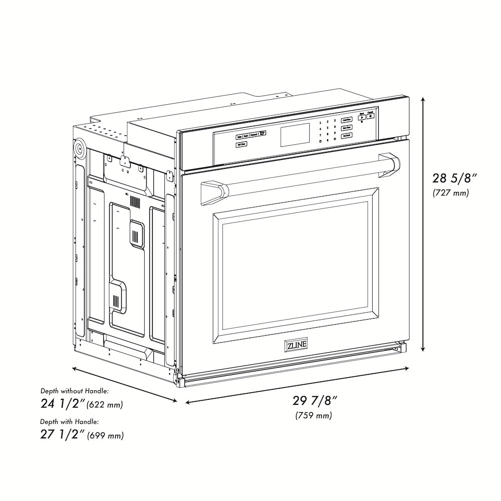 ZLINE Autograph Edition 30 in. Professional True Convection Single Wall Oven with Air Fry and Self Clean in Black Stainless Steel with Champagne Bronze Handle (WASBZ-30-CB) dimensional diagram.