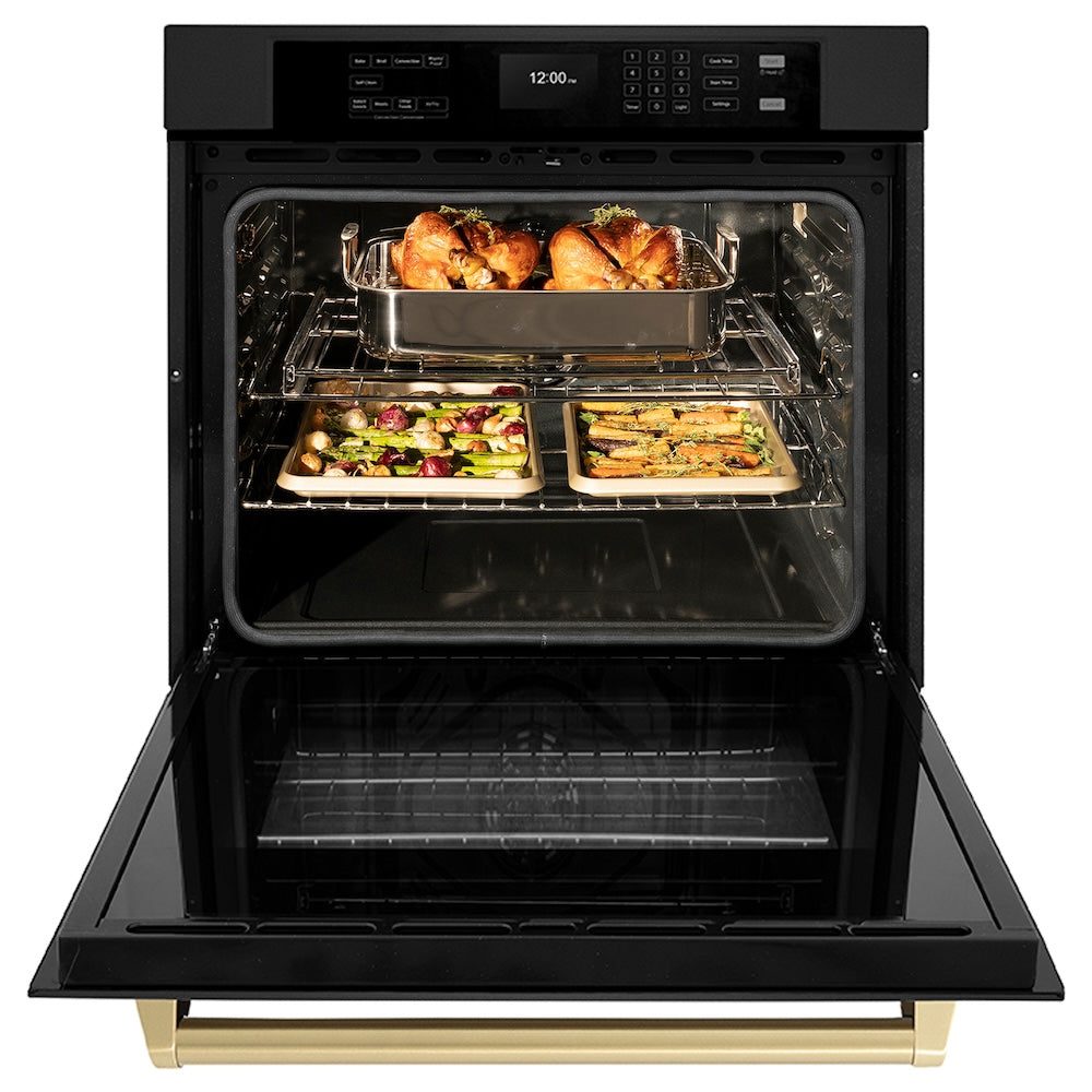 ZLINE Autograph Edition 30 in. Professional True Convection Single Wall Oven with Air Fry and Self Clean in Black Stainless Steel with Champagne Bronze Handle (WASBZ-30-CB) front, open, with food inside.