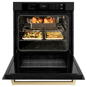 ZLINE Autograph Edition 30 in. Professional True Convection Single Wall Oven with Air Fry and Self Clean in Black Stainless Steel with Champagne Bronze Handle (WASBZ-30-CB) front, open.