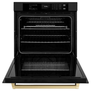 ZLINE Autograph Edition 30 in. Professional True Convection Single Wall Oven with Air Fry and Self Clean in Black Stainless Steel with Champagne Bronze Handle (WASBZ-30-CB) front, open.