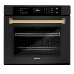 ZLINE Autograph Edition 30 in. Professional True Convection Single Wall Oven with Air Fry and Self Clean in Black Stainless Steel with Champagne Bronze Handle (WASBZ-30-CB) main image.