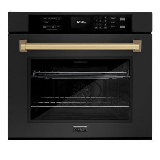 ZLINE Autograph Edition 30 in. Professional True Convection Single Wall Oven with Air Fry and Self Clean in Black Stainless Steel with Champagne Bronze Handle (WASBZ-30-CB)