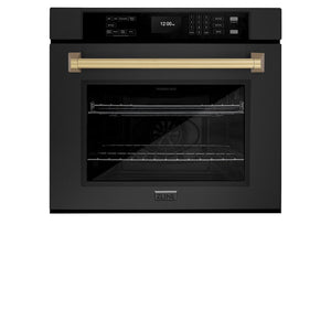 ZLINE Autograph Edition 30 in. Professional True Convection Single Wall Oven with Air Fry and Self Clean in Black Stainless Steel with Champagne Bronze Handle (WASBZ-30-CB) front, closed.