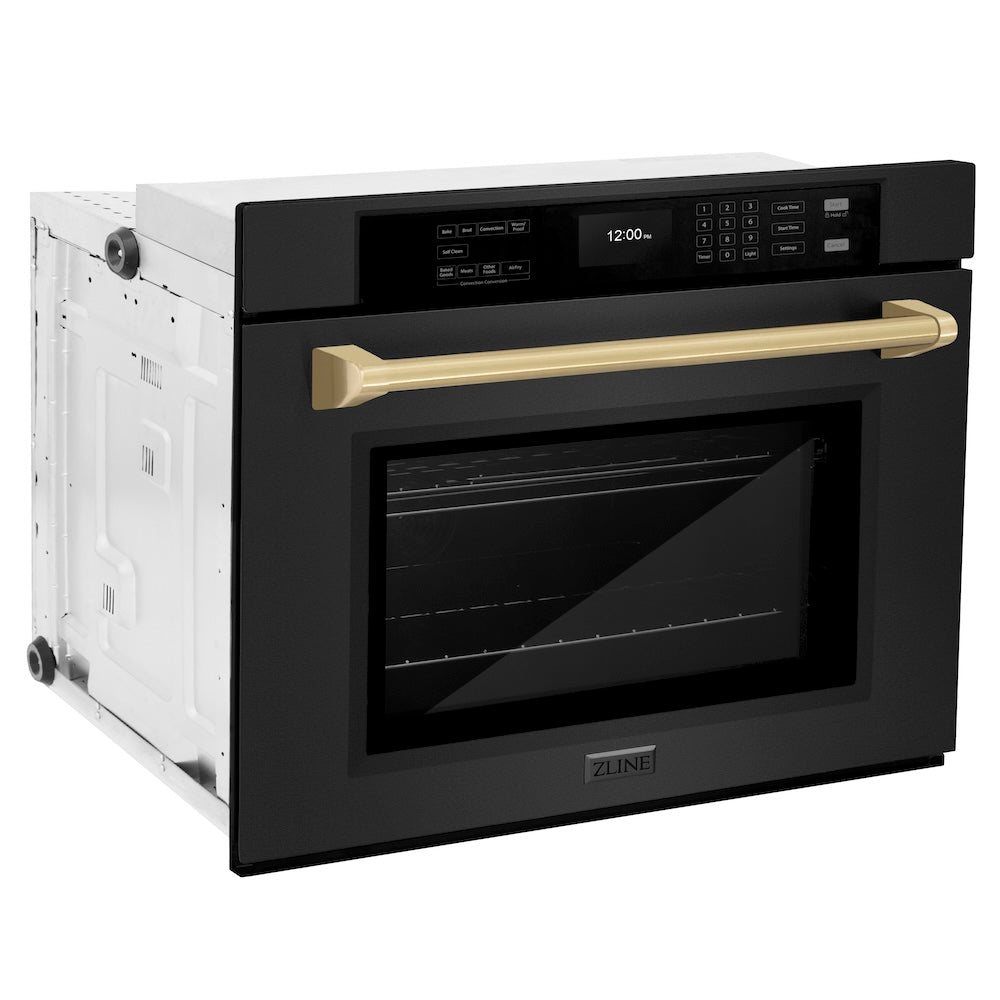 ZLINE Autograph Edition 30 in. Professional True Convection Single Wall Oven with Air Fry and Self Clean in Black Stainless Steel with Champagne Bronze Handle (WASBZ-30-CB) side, closed.