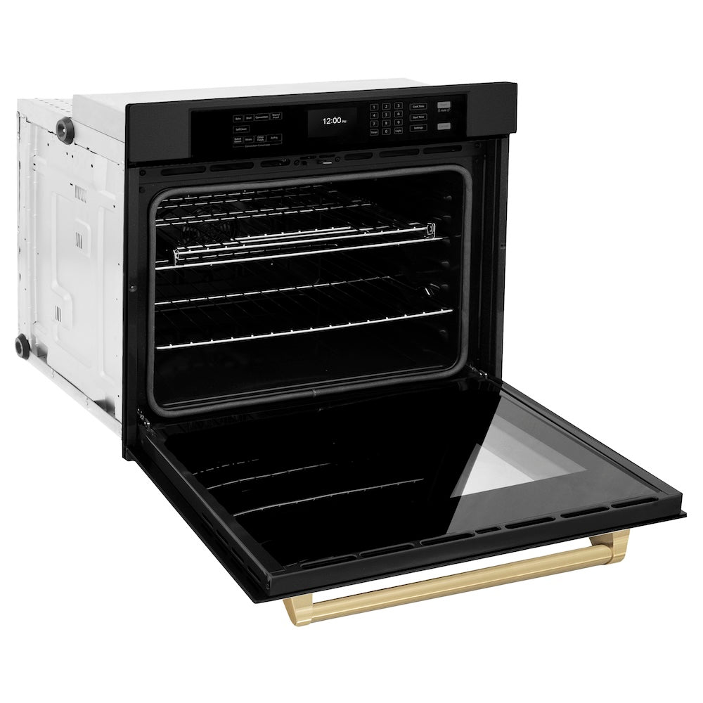 ZLINE Autograph Edition 30 in. Professional True Convection Single Wall Oven with Air Fry and Self Clean in Black Stainless Steel with Champagne Bronze Handle (WASBZ-30-CB) side, open.