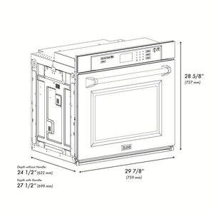 ZLINE Autograph Edition 30 in. Professional True Convection Single Wall Oven with Air Fry and Self Clean in Black Stainless Steel with Polished Gold Handle (WASBZ-30-G) dimensional diagram.