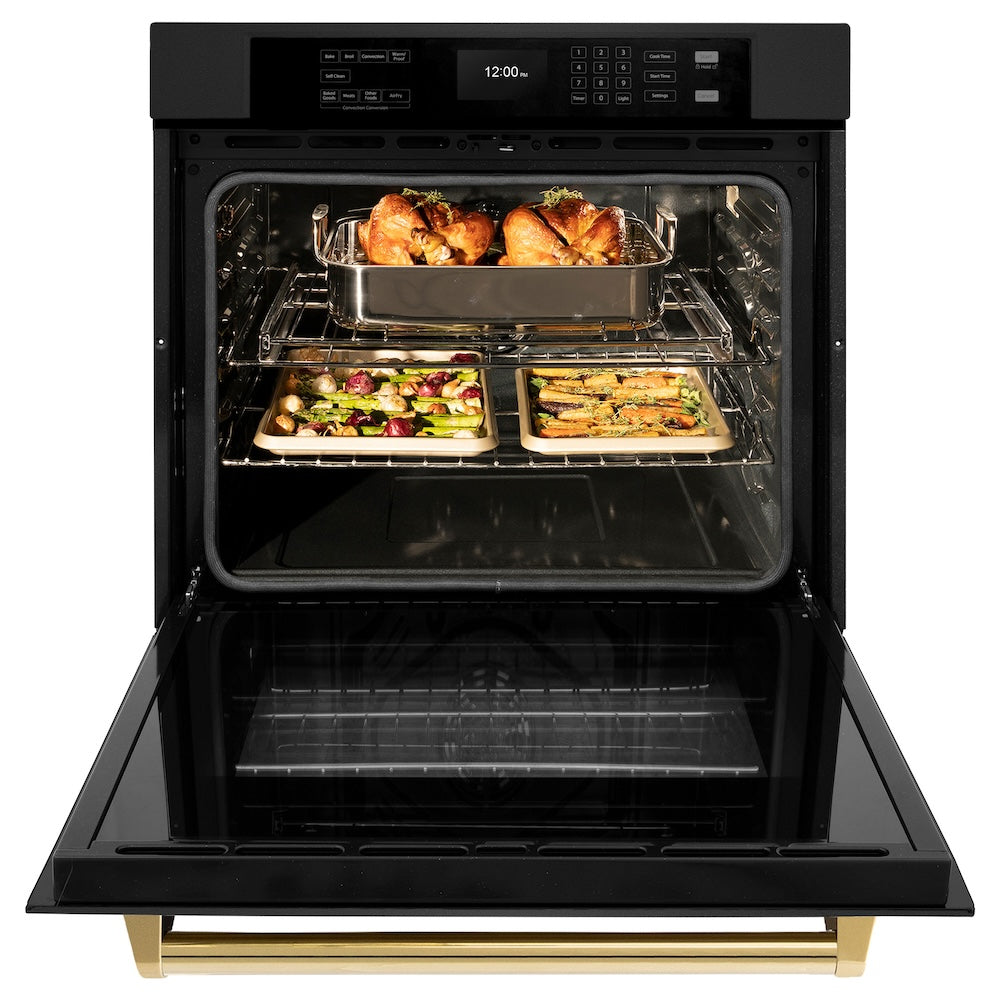 ZLINE Autograph Edition 30 in. Professional True Convection Single Wall Oven with Air Fry and Self Clean in Black Stainless Steel with Polished Gold Handle (WASBZ-30-G) front, open, with food inside.