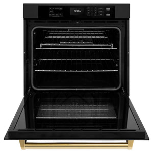ZLINE Autograph Edition 30 in. Professional True Convection Single Wall Oven with Air Fry and Self Clean in Black Stainless Steel with Polished Gold Handle (WASBZ-30-G) front, open.