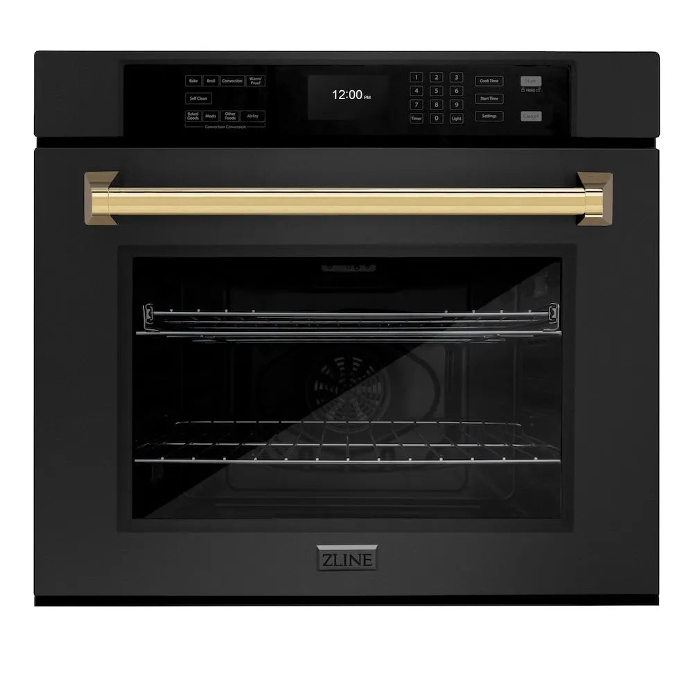 ZLINE Autograph Edition 30 in. Professional True Convection Single Wall Oven with Air Fry and Self Clean in Black Stainless Steel with Polished Gold Handle (WASBZ-30-G) main image.