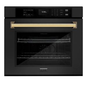 ZLINE Autograph Edition 30 in. Professional True Convection Single Wall Oven with Air Fry and Self Clean in Black Stainless Steel with Polished Gold Handle (WASBZ-30-G) main image.