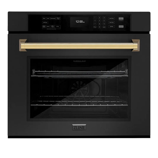 ZLINE Autograph Edition 30 in. Professional True Convection Single Wall Oven with Air Fry and Self Clean in Black Stainless Steel with Polished Gold Handle (WASBZ-30-G) main image.