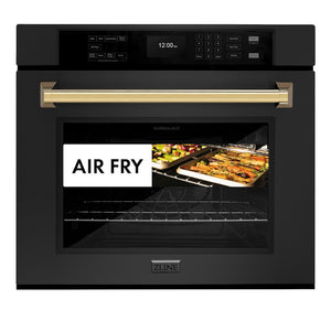 ZLINE Autograph Edition 30 in. Professional True Convection Single Wall Oven with Air Fry and Self Clean in Black Stainless Steel with Polished Gold Handle (WASBZ-30-G)