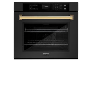 ZLINE Autograph Edition 30 in. Professional True Convection Single Wall Oven with Air Fry and Self Clean in Black Stainless Steel with Polished Gold Handle (WASBZ-30-G) front, closed.