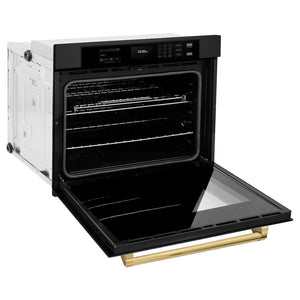 ZLINE Autograph Edition 30 in. Professional True Convection Single Wall Oven with Air Fry and Self Clean in Black Stainless Steel with Polished Gold Handle (WASBZ-30-G) side, open.