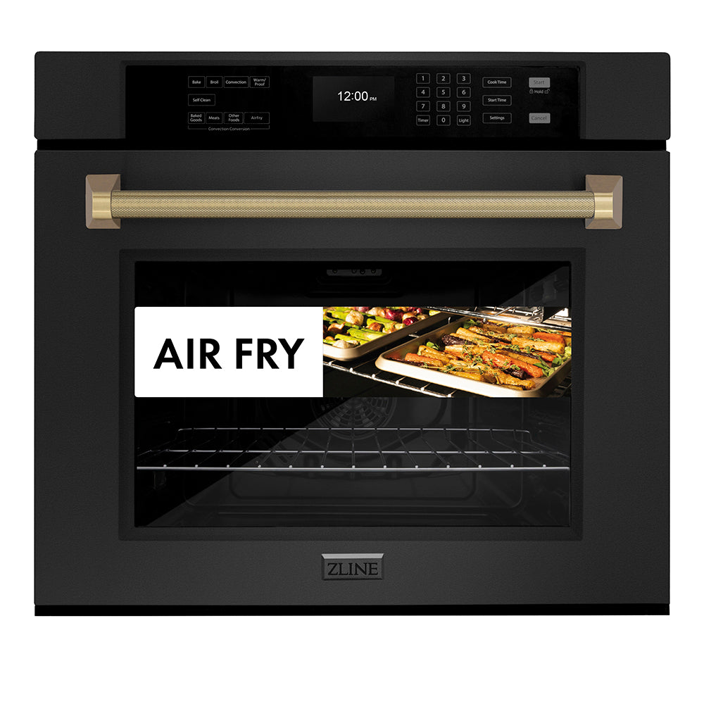 ZLINE Autograph Edition 30 in. Professional True Convection Single Wall Oven with Air Fry and Self Clean in Black Stainless Steel with Champagne Bronze Helix Handle (WASBZ-30-KCB) front, showing air fry capability.
