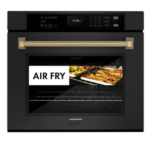 ZLINE Autograph Edition 30 in. Professional True Convection Single Wall Oven with Air Fry and Self Clean in Black Stainless Steel with Champagne Bronze Helix Handle (WASBZ-30-KCB) front, showing air fry capability.