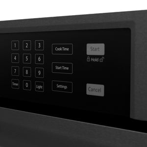 ZLINE Autograph Edition 30 in. Professional True Convection Single Wall Oven with Air Fry and Self Clean in Black Stainless Steel with Champagne Bronze Helix Handle (WASBZ-30-KCB) control panel with digital display and keypad.