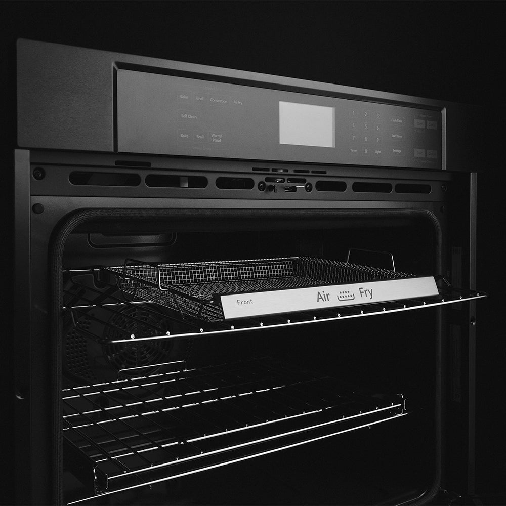 ZLINE Autograph Edition 30 in. Professional True Convection Single Wall Oven with Air Fry and Self Clean in Black Stainless Steel with Champagne Bronze Helix Handle (WASBZ-30-KCB) oven interior with racks.