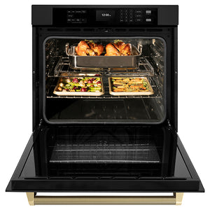 ZLINE Autograph Edition 30 in. Professional True Convection Single Wall Oven with Air Fry and Self Clean in Black Stainless Steel with Champagne Bronze Helix Handle (WASBZ-30-KCB) front, open.