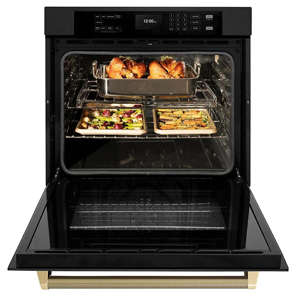 ZLINE Autograph Edition 30 in. Professional True Convection Single Wall Oven with Air Fry and Self Clean in Black Stainless Steel with Champagne Bronze Helix Handle (WASBZ-30-KCB) front, open.