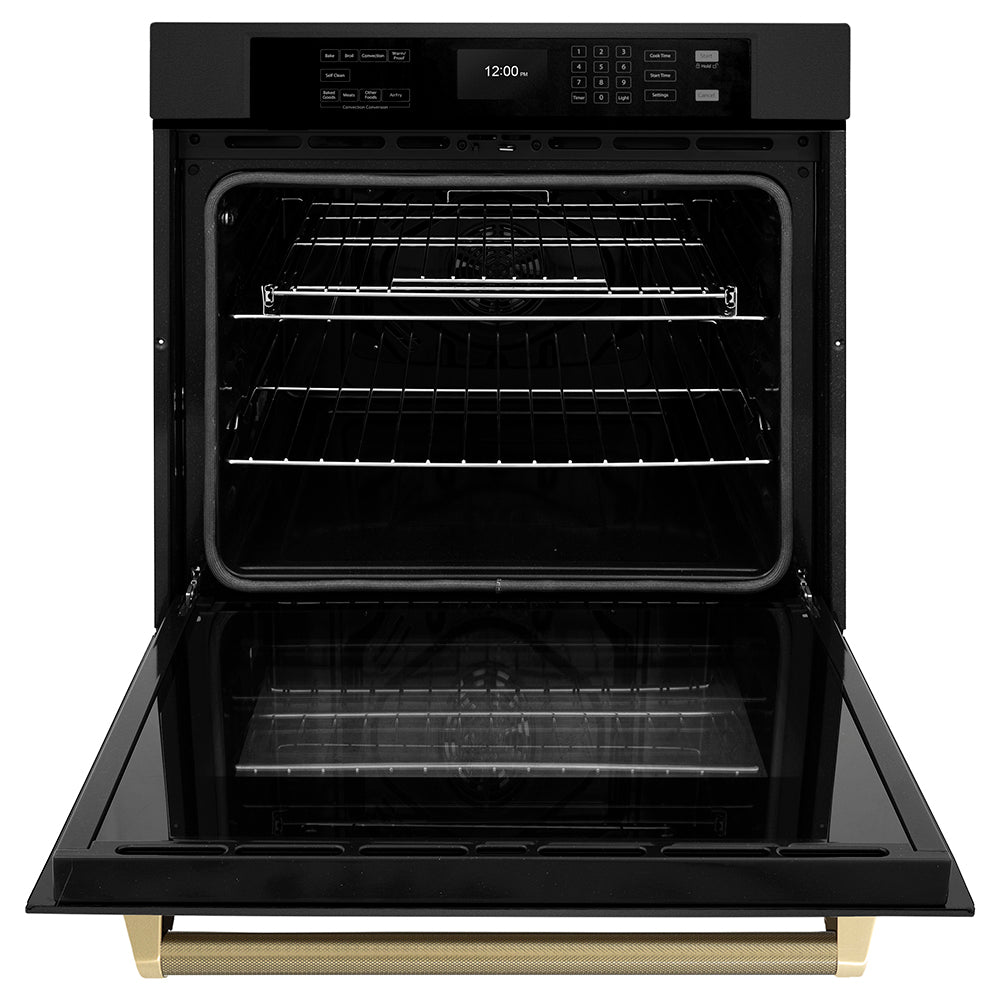ZLINE Autograph Edition 30 in. Professional True Convection Single Wall Oven with Air Fry and Self Clean in Black Stainless Steel with Champagne Bronze Helix Handle (WASBZ-30-KCB) front, open.