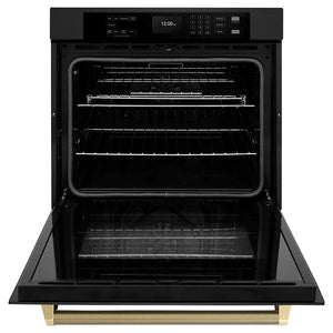 ZLINE Autograph Edition 30 in. Professional True Convection Single Wall Oven with Air Fry and Self Clean in Black Stainless Steel with Champagne Bronze Helix Handle (WASBZ-30-KCB) front, open.
