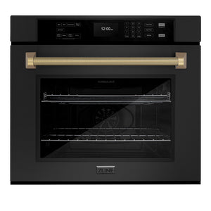ZLINE Autograph Edition 30 in. Professional True Convection Single Wall Oven with Air Fry and Self Clean in Black Stainless Steel with Champagne Bronze Helix Handle (WASBZ-30-KCB)