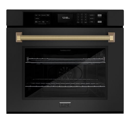 ZLINE Autograph Edition 30 in. Professional True Convection Single Wall Oven with Air Fry and Self Clean in Black Stainless Steel with Champagne Bronze Helix Handle (WASBZ-30-KCB)