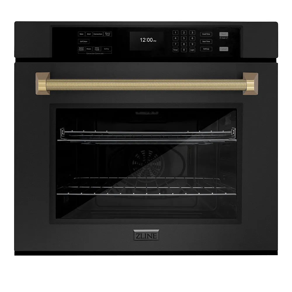 ZLINE Autograph Edition 30 in. Professional True Convection Single Wall Oven with Air Fry and Self Clean in Black Stainless Steel with Champagne Bronze Helix Handle (WASBZ-30-KCB) main image.