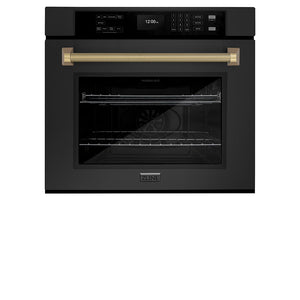 ZLINE Autograph Edition 30 in. Professional True Convection Single Wall Oven with Air Fry and Self Clean in Black Stainless Steel with Champagne Bronze Helix Handle (WASBZ-30-KCB)